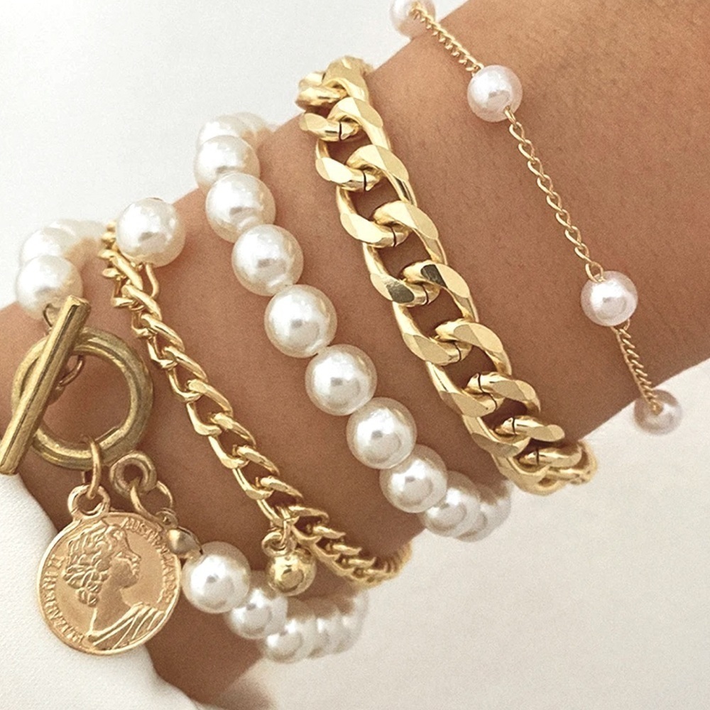 3 For $35 18K Gold Plated Chunky Chain And Pearls Bracelet Set (5 Bracelets)